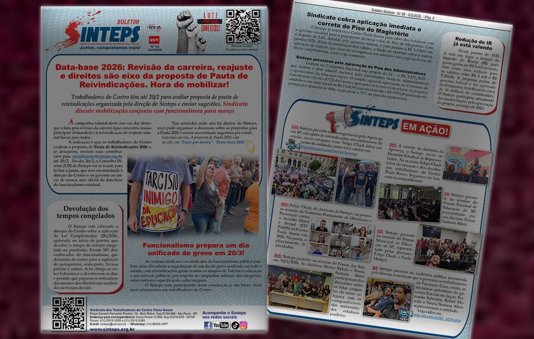 Boletim Sinteps 92 traz notícias sobre a data-base 2026. Revisão da carreira, reajuste e direitos são eixo da proposta de pauta Boletim Sinteps 92 traz notícias sobre a data-base 2026. Revisão da carreira, reajuste e direitos são eixo da proposta de pauta