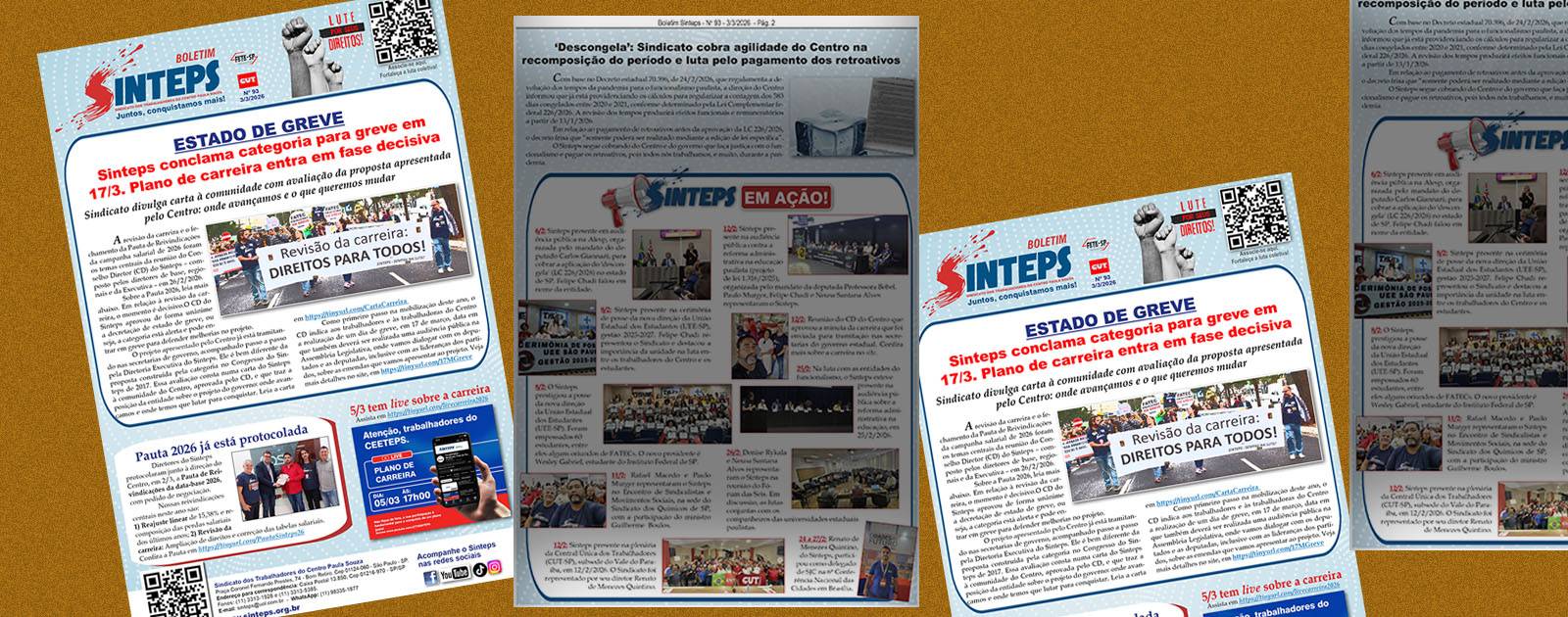 Boletim Sinteps 93 já está no ar: Mobilização pela carreira, Pauta/2026, live dia 5/3, ‘descongela’ Boletim Sinteps 93 já está no ar: Mobilização pela carreira, Pauta/2026, live dia 5/3, ‘descongela’